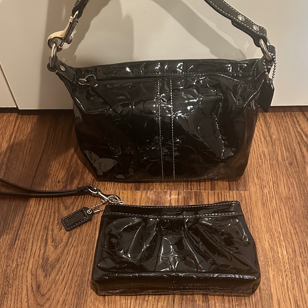 Coach Black Vinyl Y2K Shoulder Bag and Wristlet Set
